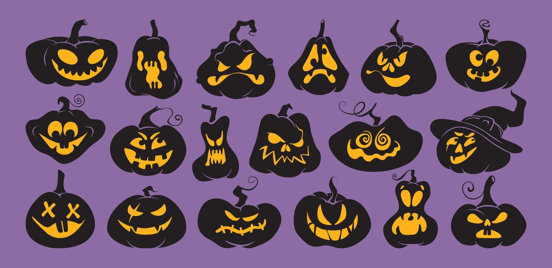 Halloween Pumpkin silhouette icon set. Spooky smiling black pumpkins with glowing eyes and mouth. Jack o lantern collection. Scary face illustrations for autumn cards, banners, sticker, posters vector
