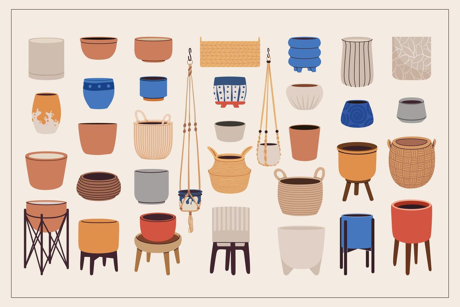 Flowerpot illustration set. Baskets, pottery, ceramic vases, and plant pots for home flowers. Stands for floral home decor in Scandinavian style. Various flower pots for house interior design. vector