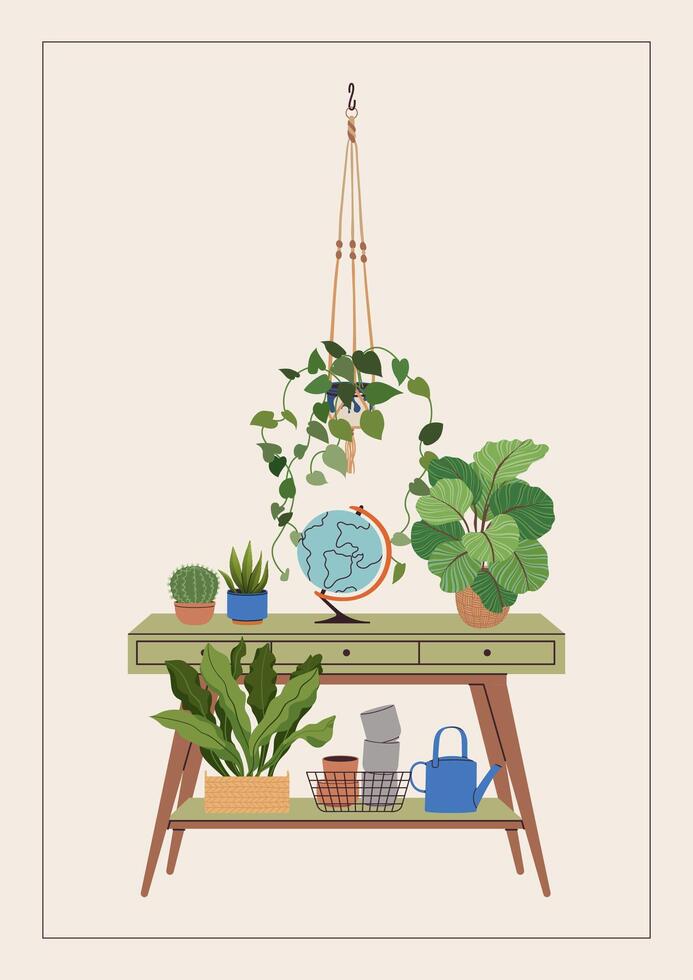 Potted plants on a new home greeting card, print, or poster. Housewarming party invitation with interior scene. New place to live in postcard with house plants in flowerpots. Flat illustration. vector