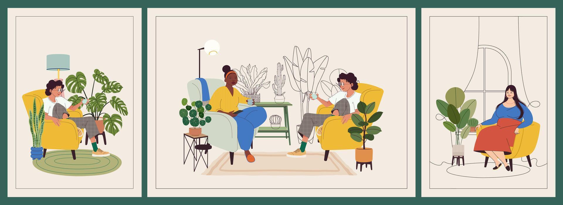 Relaxing in armchairs people in a cozy interior scene. Women and man resting and chatting in interior scenes with furniture, and house plants. Housewarming illustration for card, poster. vector