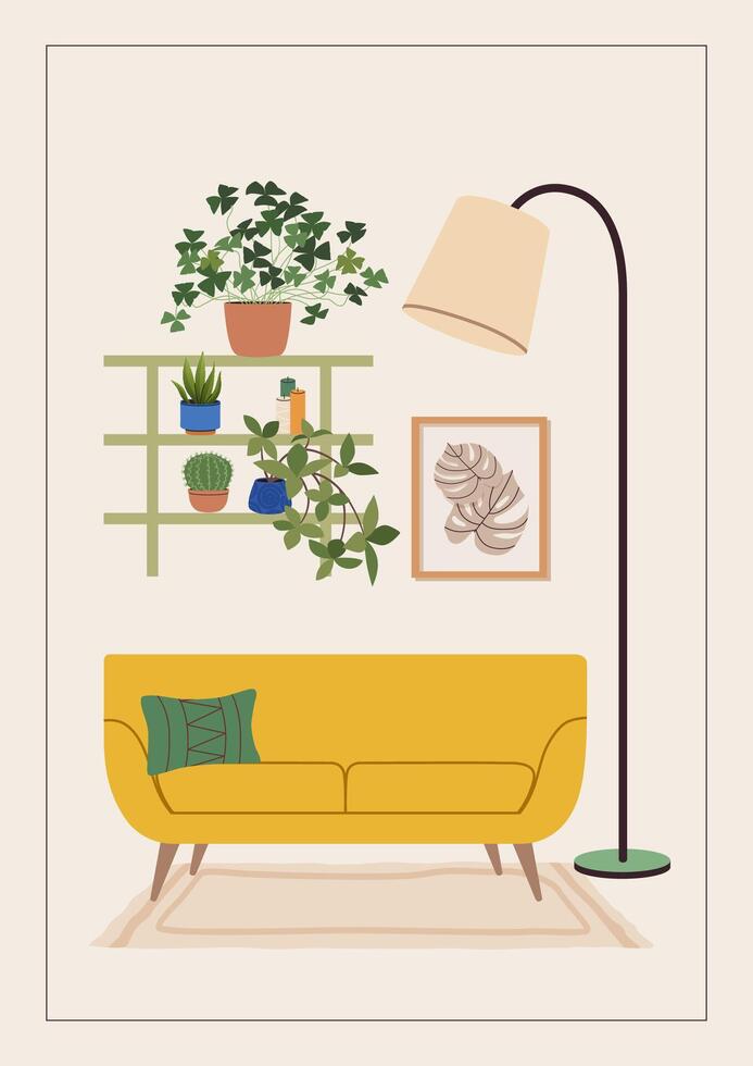Interior scene for new home greeting card, print, poster, or housewarming party invitation. New place to live in a postcard with couch, floor lamp, and potted house plants. Flat illustration. vector