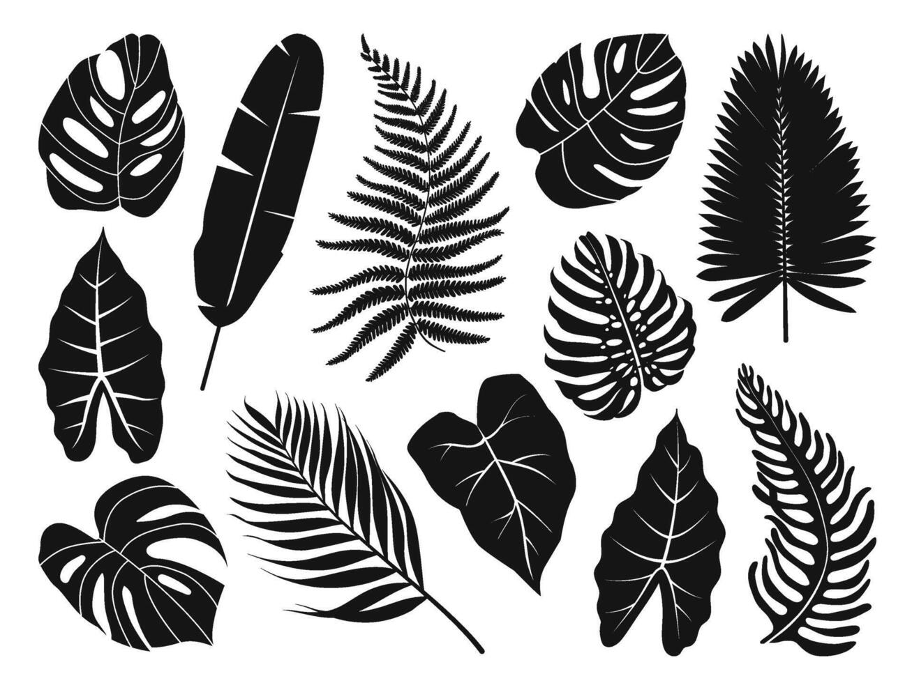 Tropical leaves silhouette set. Jungle plants. Monstera, palm, fern, and banana tree leaf collection. Exotic hand drawn foliage. Illustration isolated on white. vector