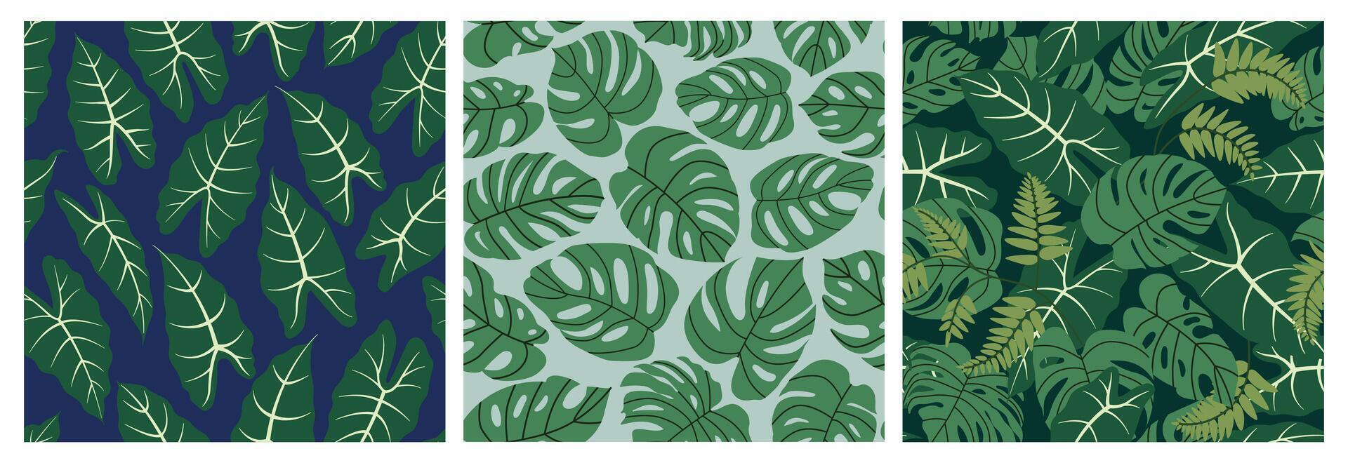 Exotic plant leaves seamless pattern set. Tropical houseplant leaves on a blue and neutral background. Jungle leaves botanical patterns for packaging, textile, or wallpapers. Flat illustration. vector