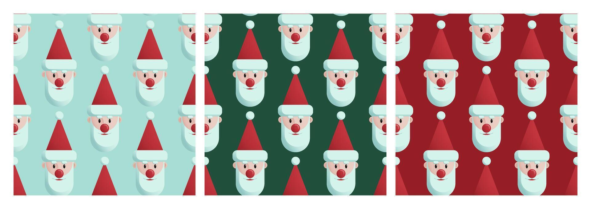 Santa Claus head seamless pattern set. Christmas Santa's face with red, blue, and green background colors. New Year design for packaging, fabric, and wrapping paper. vector