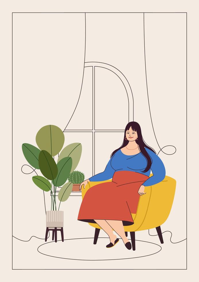 A young woman relaxing on a yellow armchair. New home greeting card design with interior scene, potted plants, and a beautiful girl. Home sweet home. Flat and outline banner illustration. vector
