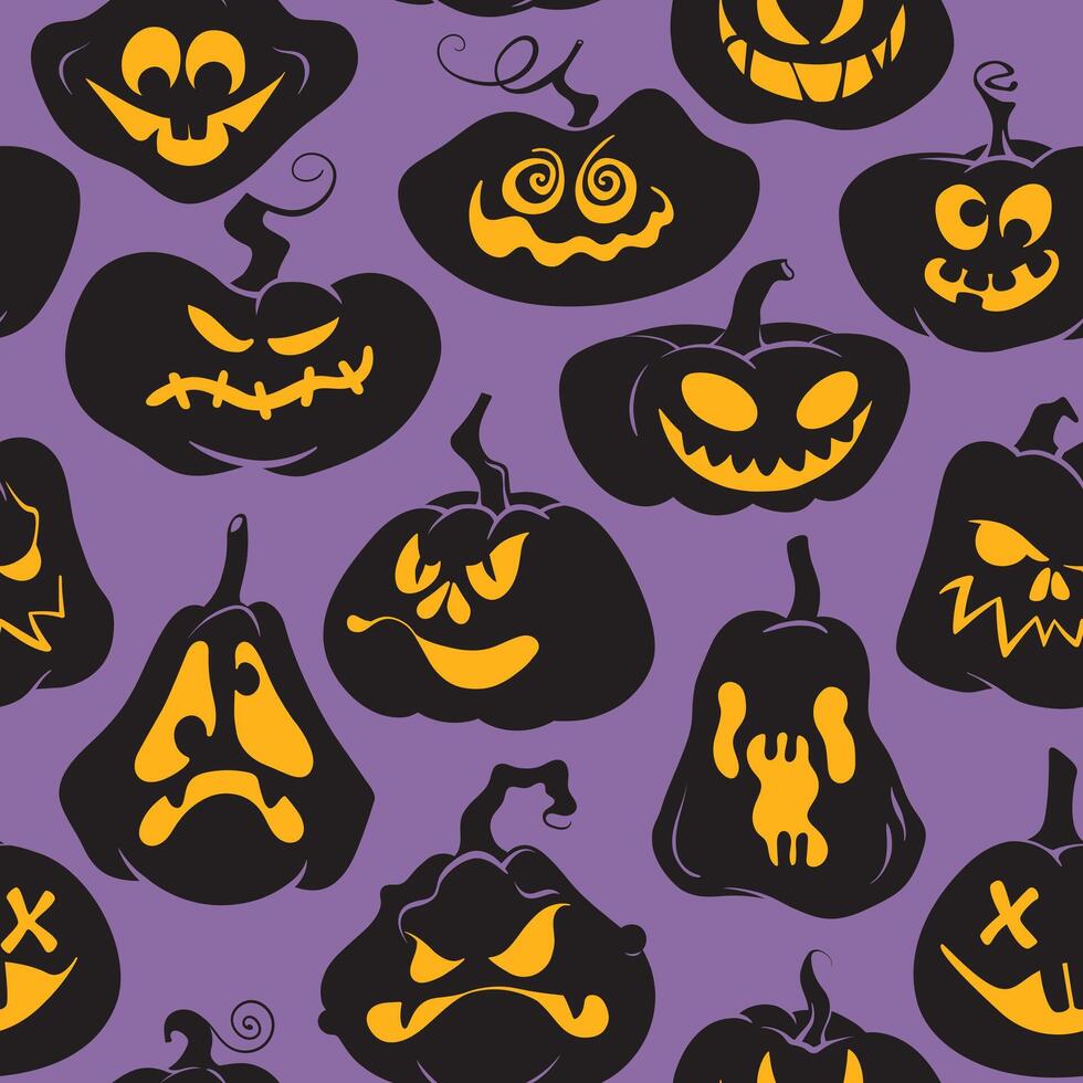 Halloween spooky pumpkin faces seamless pattern. Jack O Lantern pumpkin carved faces glowing on purple background. Happy Halloween backdrop for wrapping paper, card, banner, textile, decoration vector