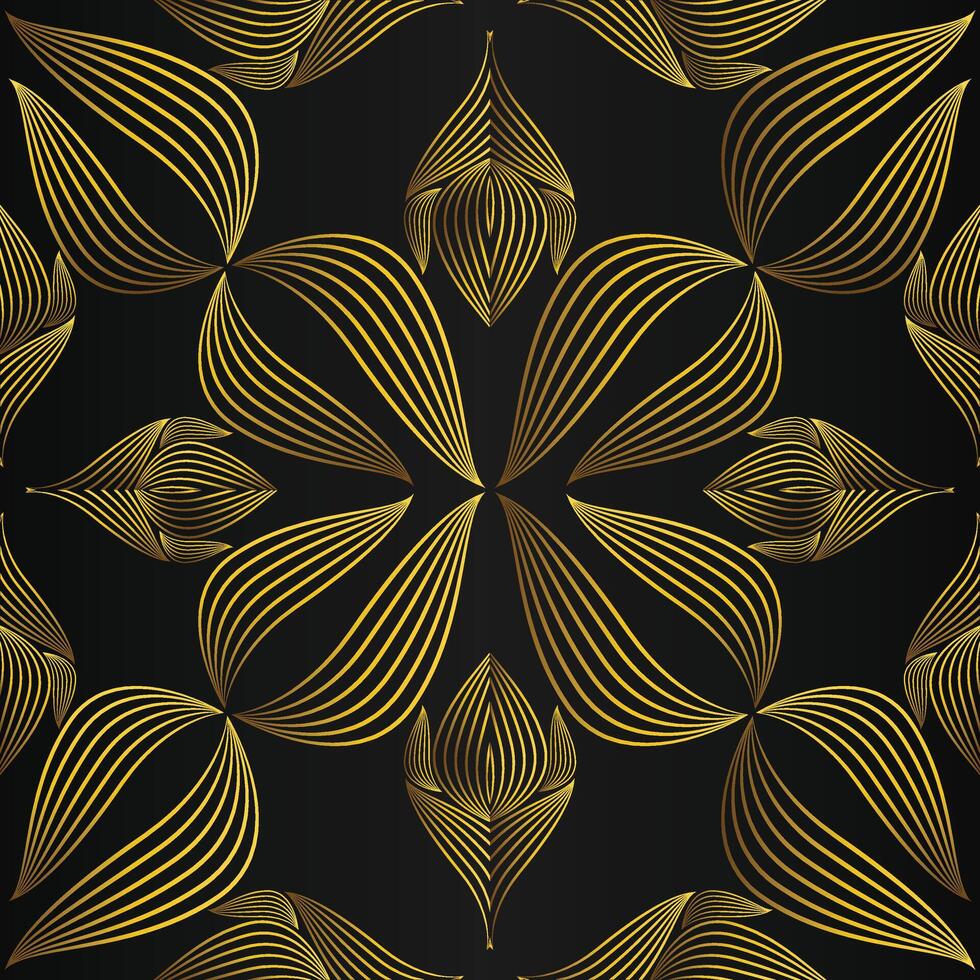 Golden seamless pattern with lines and curves on black background vector