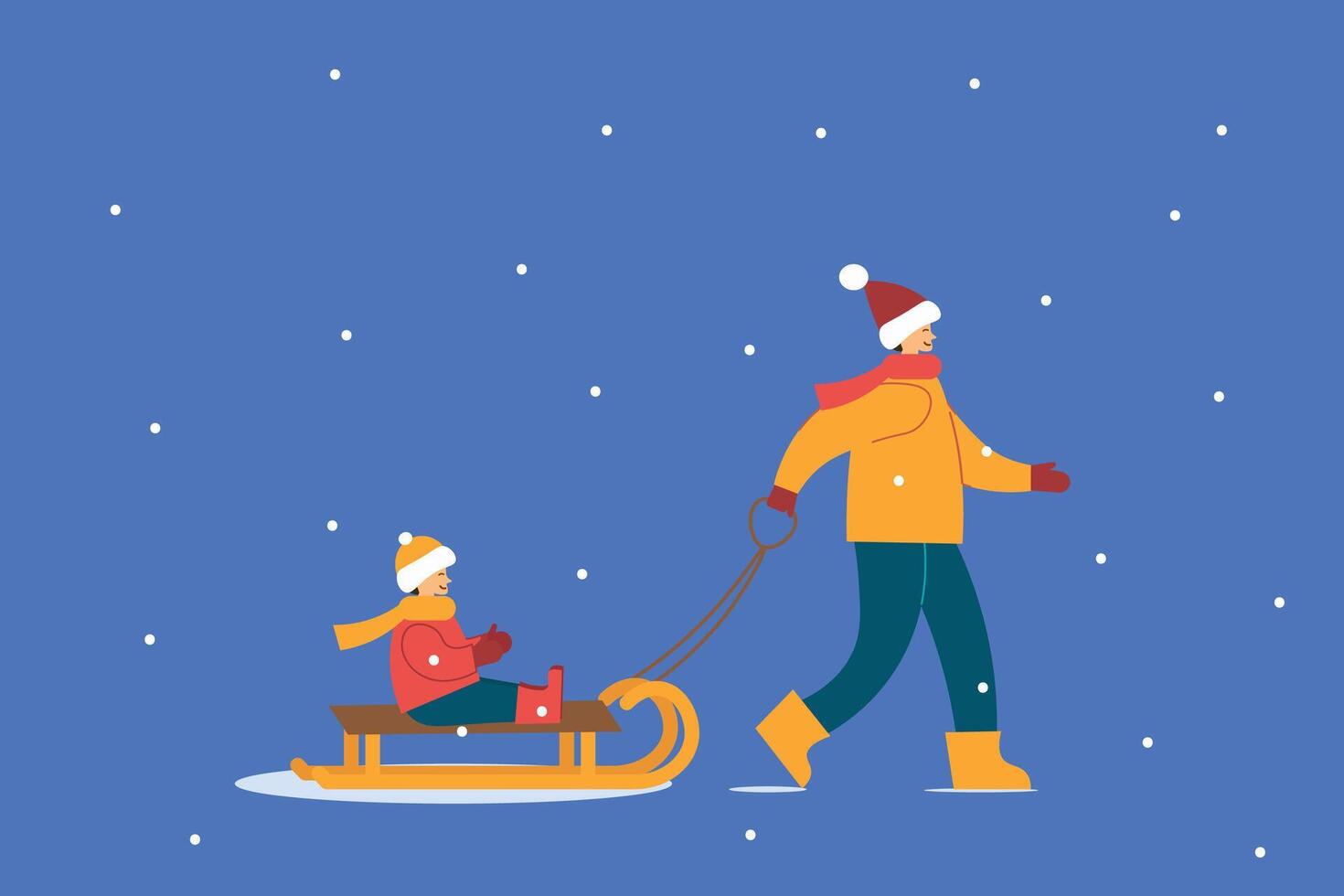 Joyful and Exciting Winter holidays Enjoying an Adventurous Sledding Experience. Lifestyle and family. illustration vector