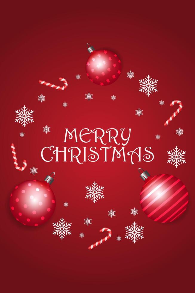 Merry christmas greeting card. xmas balls, candy cane and snowflake on red background. illustration. winter holiday. season design. vector