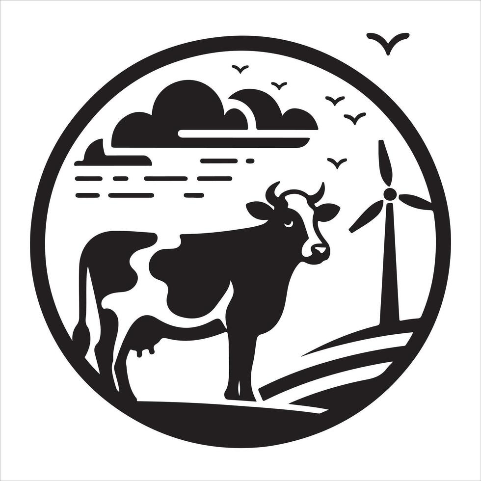 cow silhouette with a mill in the background vector