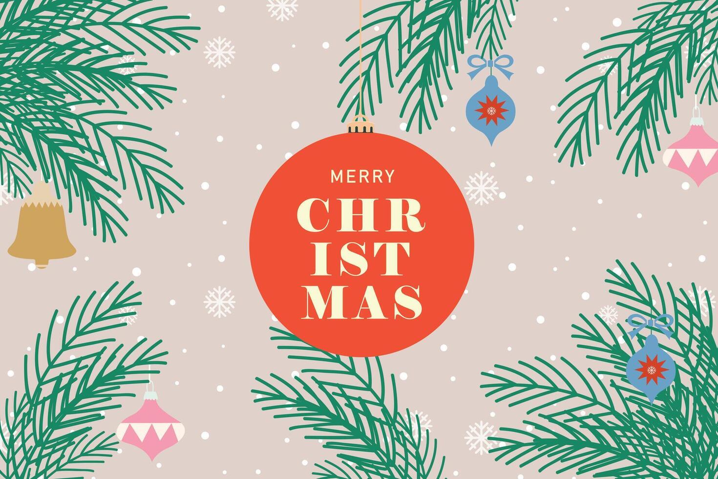 Minimalist Merry Christmas greeting card with festive ornaments and pine branches on a light snowy background. Modern beautiful Xmas design vector
