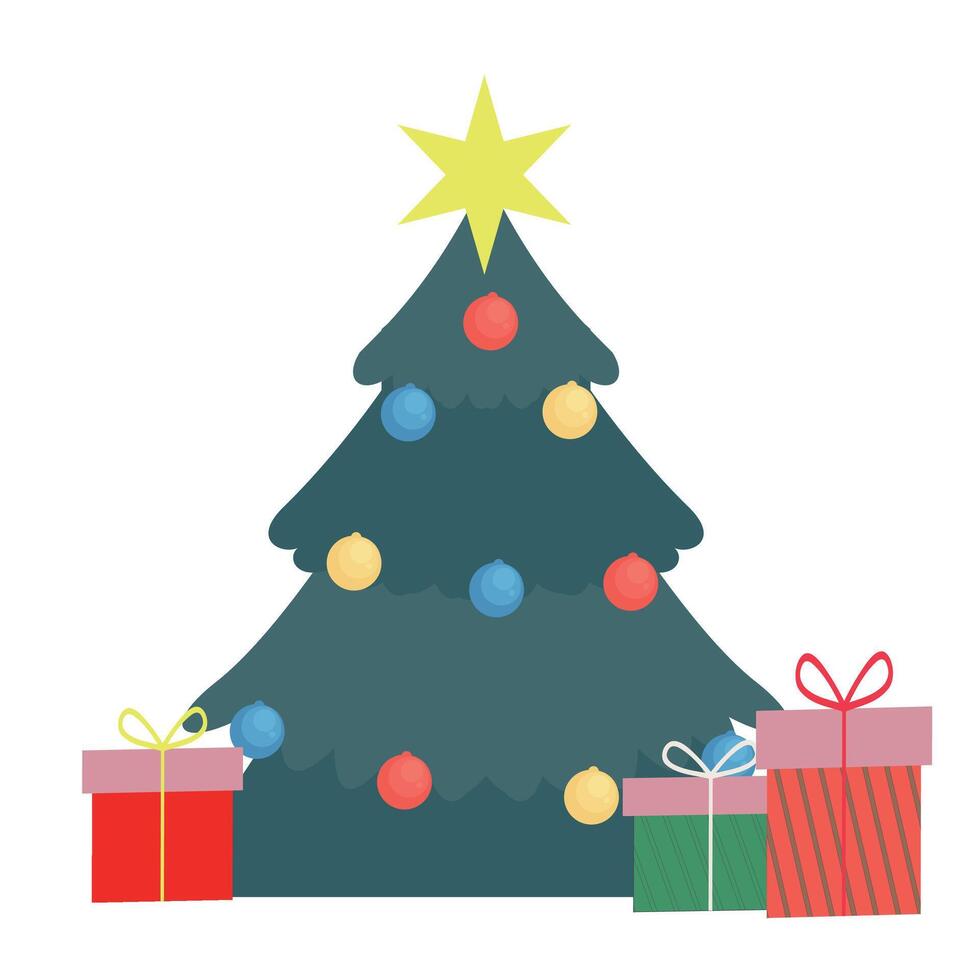 Christmas tree with gifts. Decorated Christmas tree with colorful ornaments and a bright star on top in a simple holiday design vector
