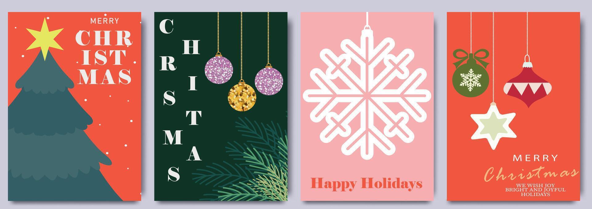 Merry Christmas Greeting card set with festive designs with trees, ornaments, snowflakes, and holiday wishes. Trendy template minimal art for season banner, poster, cover vector