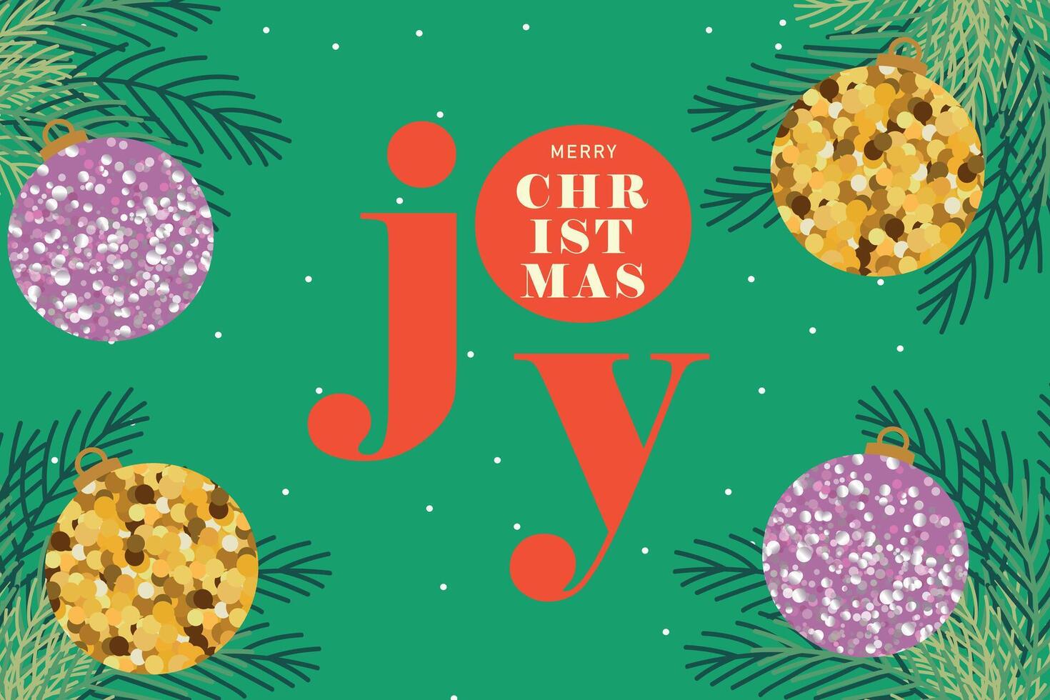 Minimalist Merry Christmas greeting card with colorful glitter baubles, pine branches, festive typography on a green background. Horizontal poster, greeting card, cover template vector