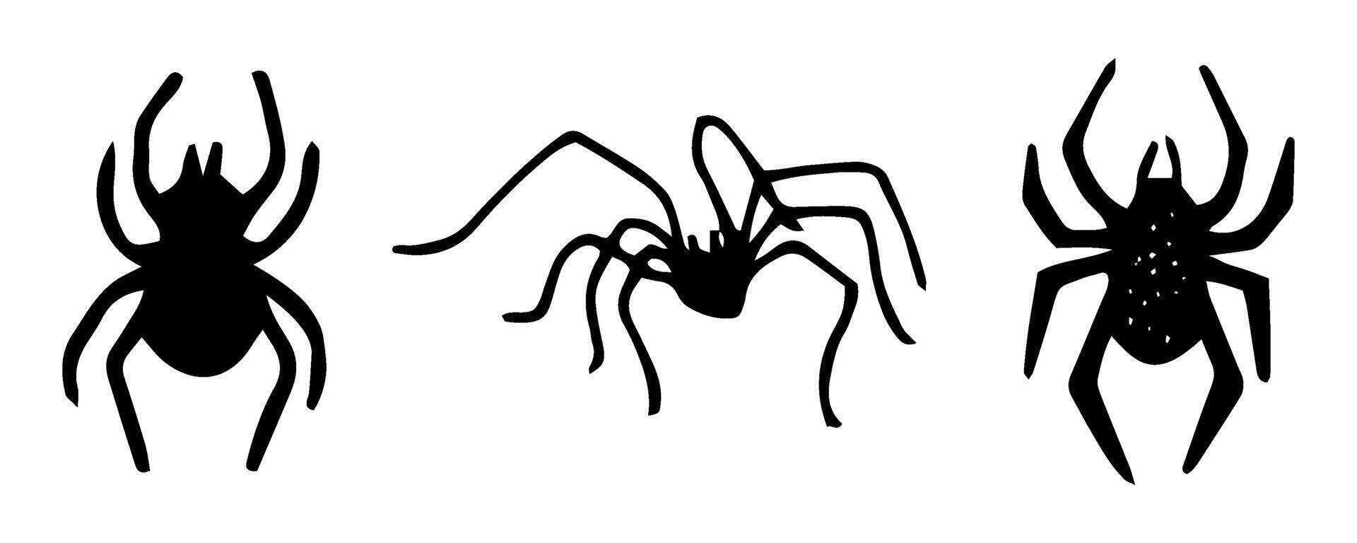 Spider silhouette set. Black and white outline illustration for Halloween. Hand drawn isolated graphic clipart. Line illustration of creepy insect for dark, gothic themes. Simple Doodle style vector