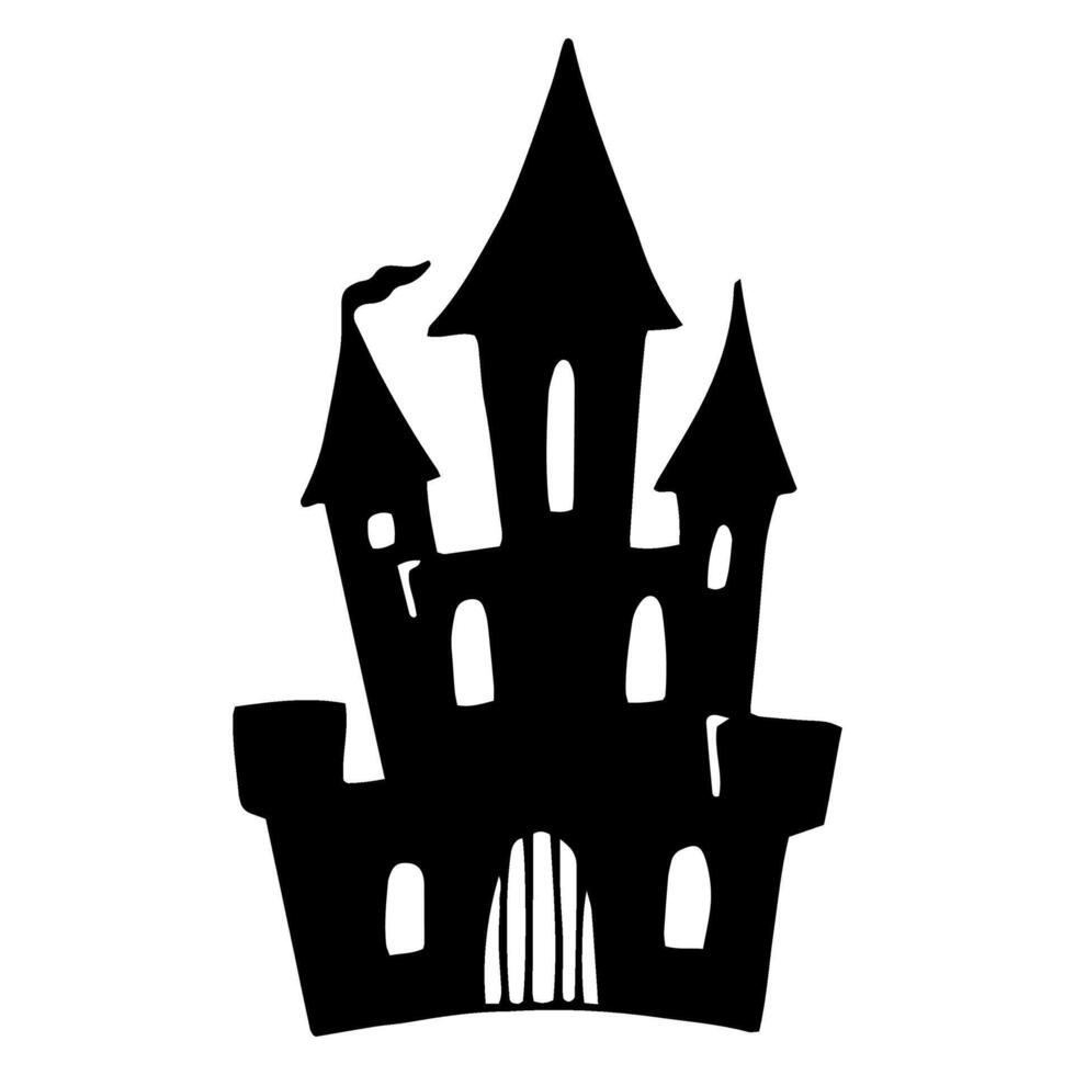 Halloween haunted house silhouette. Black and white outline drawing. Hand drawn graphic clipart. Line illustration with a mansion to create a creepy, ominous atmosphere. Simple Doodle style vector