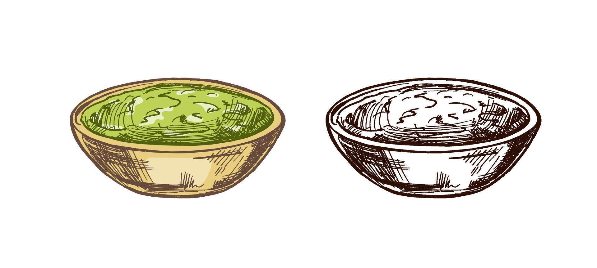 Hand-drawn sketch of bowl with guacamole, salsa sauce. Vintage drawing. Black ink outline food sketch illustration. Mexican food, cuisine. An illustration for the menu. Latin America. vector
