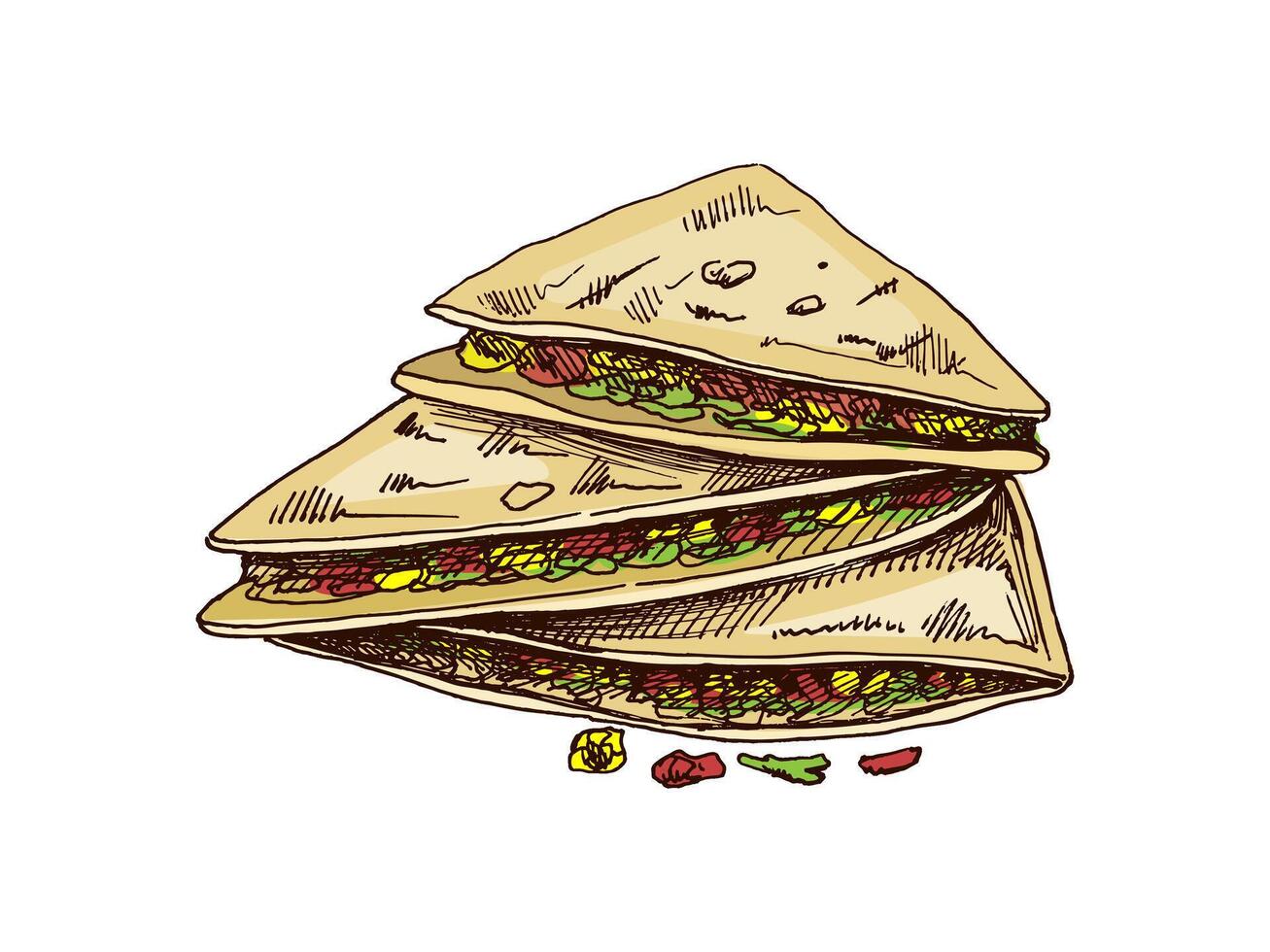 Hand-drawn sketch of quesadilla. Vintage drawing of Mexican dish. Black ink outline food illustration. Mexican food, cuisine. An illustration for the menu. Latin America. vector