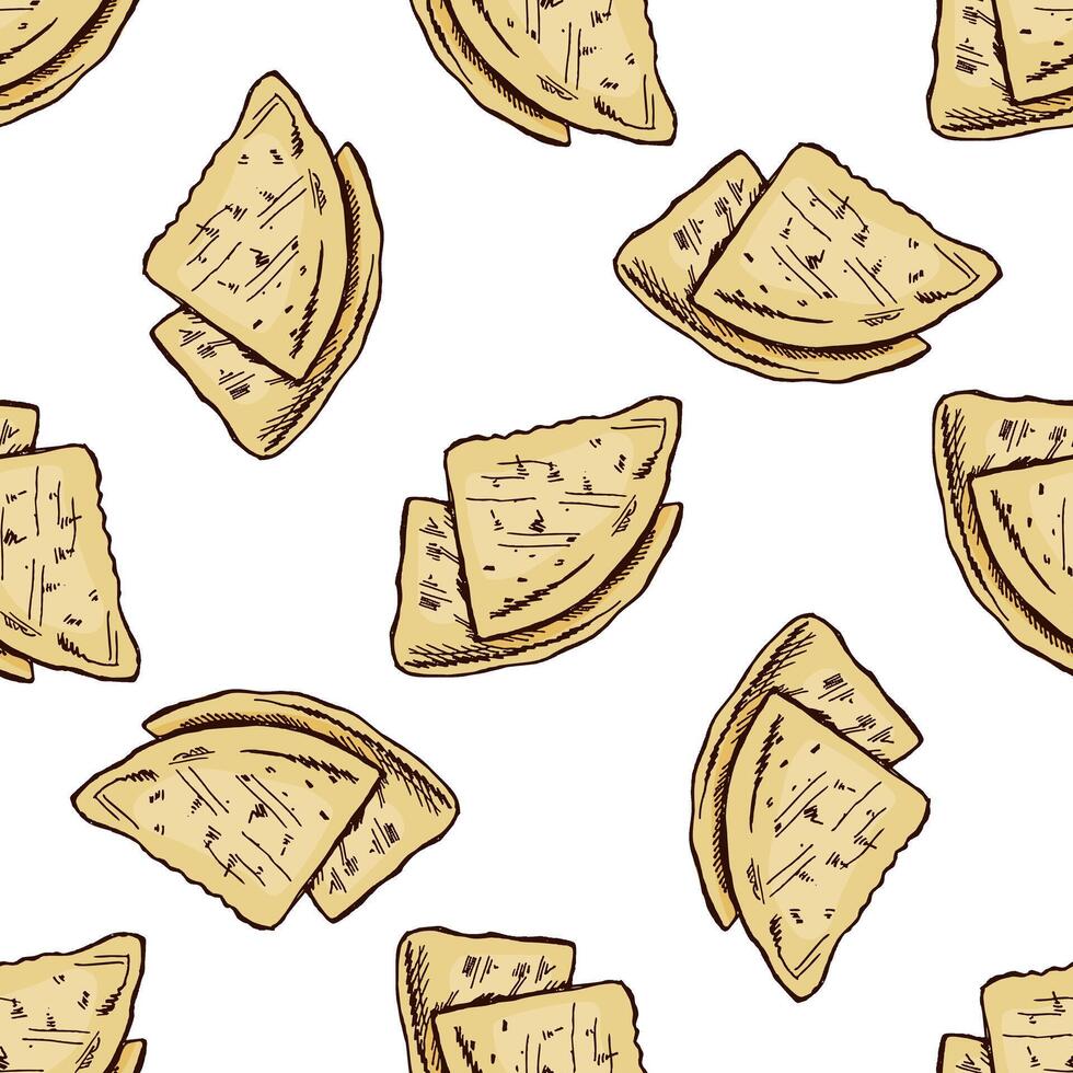 Hand-drawn seamless pattern of quesadilla. Vintage drawing of Mexican dish. Black ink outline food illustration. Mexican food, cuisine. An illustration for the menu. Latin America. vector