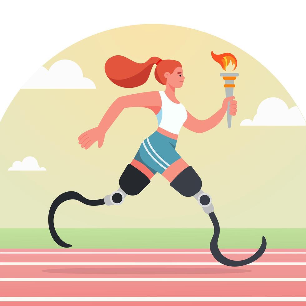 Sports athletic girl paralympian with prosthetic legs running with a flaming torch vector