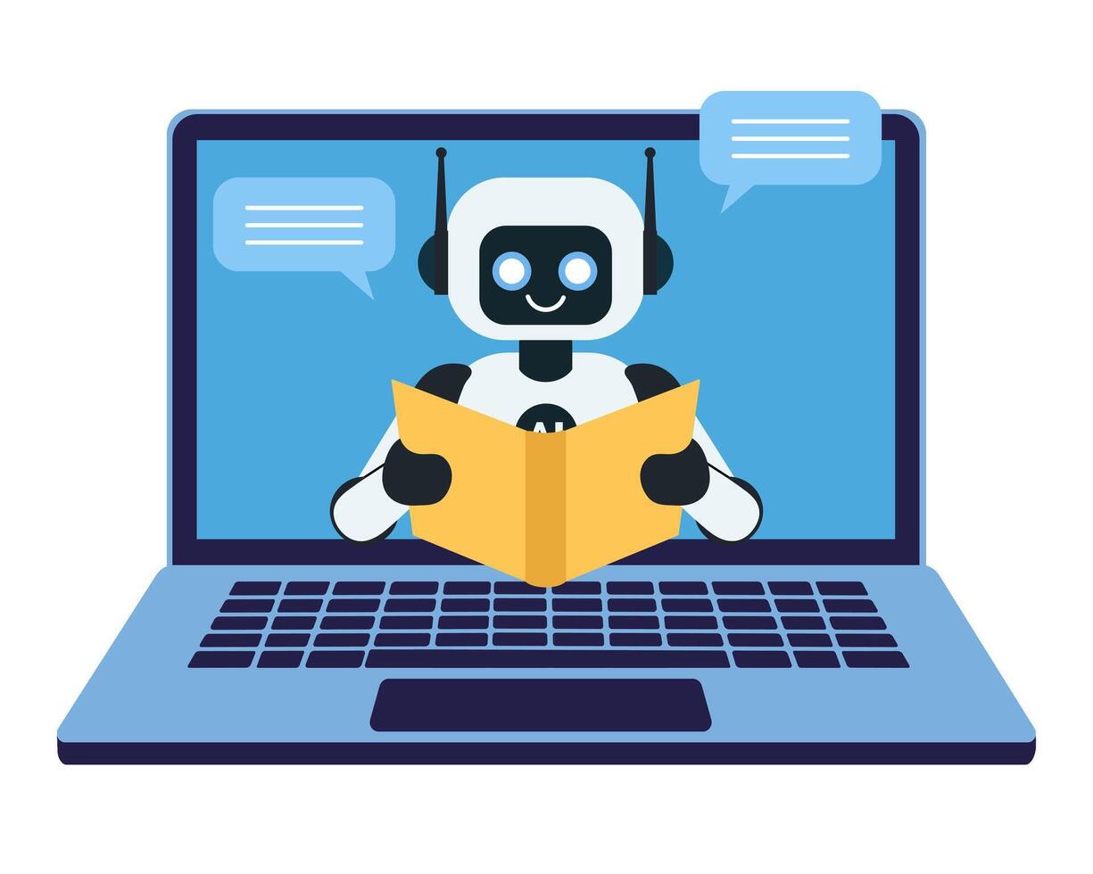 Flat icon of robot reading a book isolated on transparent background vector