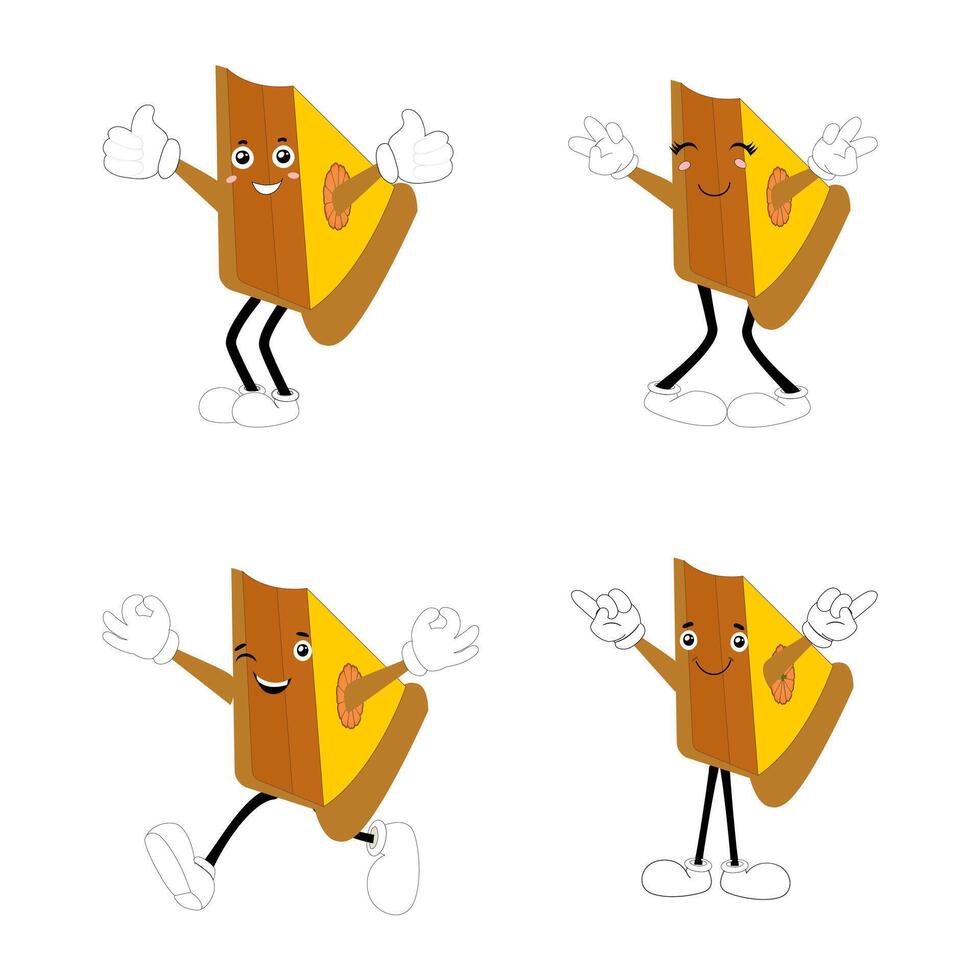 Cute happy funny character pumpkin pie set collection, cake cartoon mascot with different expressions. food illustration icon set vector