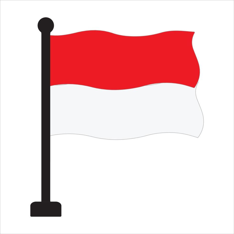 Indonesian Flag with Pole, illustration of the Indonesian flag waving, featuring the red and white colors on a black flagpole. Wave vector