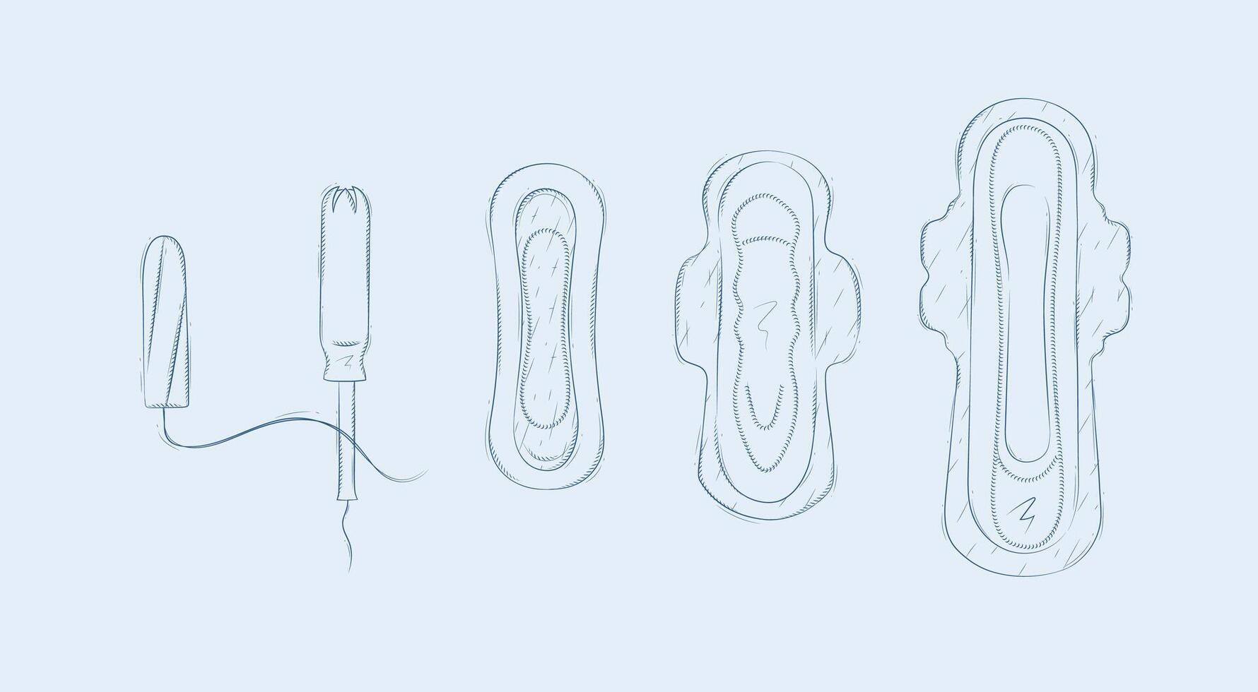 Women sanitary pads and tampons set drawing on blue background vector