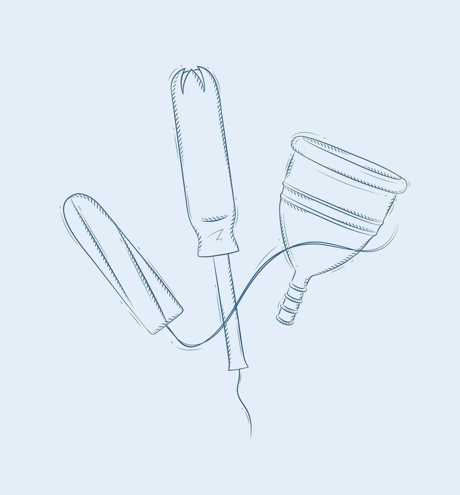 Tampon and menstrual cup composition drawing on blue background vector