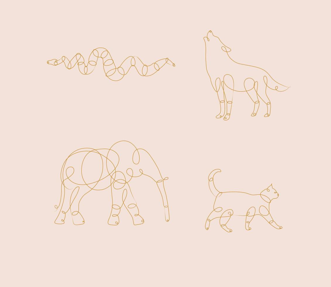 Set of animals snake, wolf, elephant, cat drawing in pen line style on beige background vector