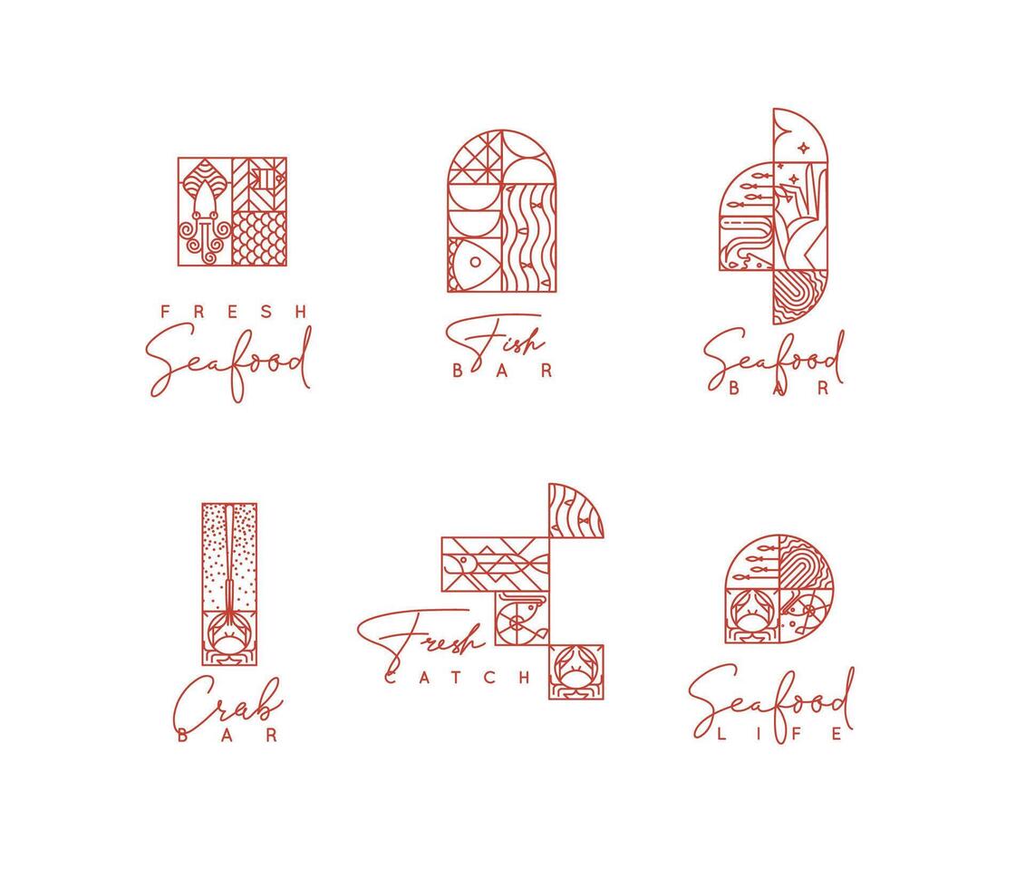 Set of creative modern art deco seafood symbols in flat line style drawing on white background. vector
