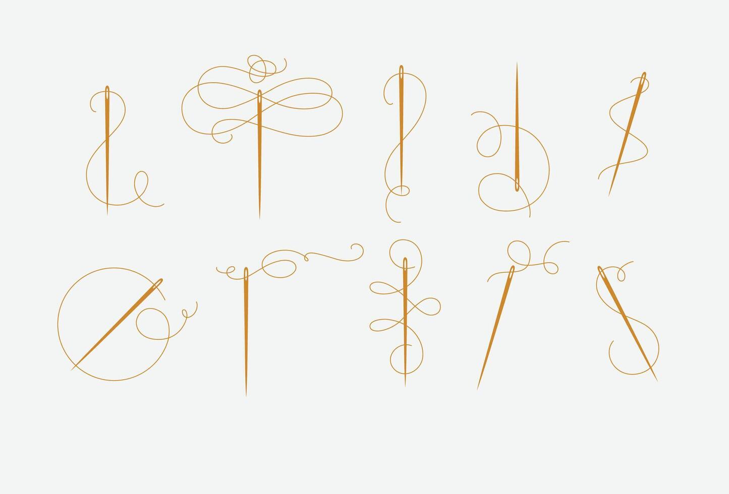 Needles and thread for sewing collection drawn with swirls element in baroque style in beige color vector