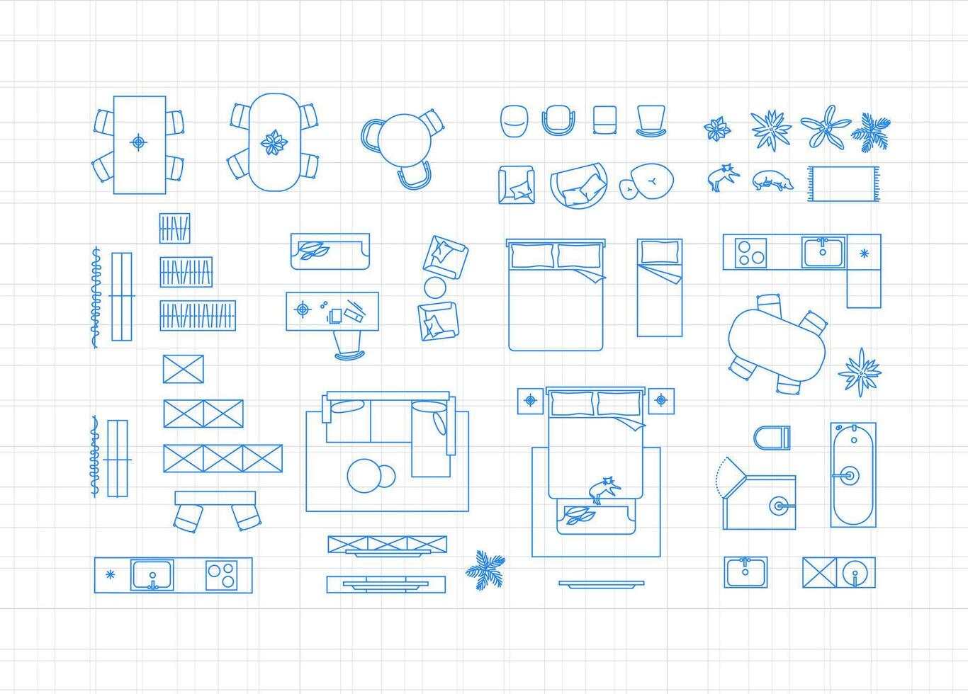 Construction drawing furniture icons for living room, bathroom, kitchen, bedroom drawing on light background. vector