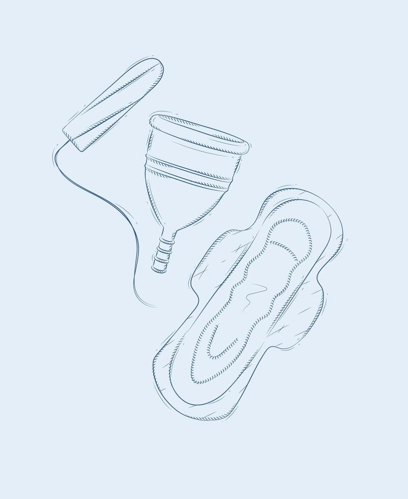 Tampon, women sanitary pad and menstrual cup composition drawing on blue background vector