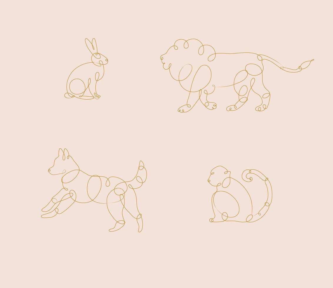 Set of animals rabbit, lion, dog, monkey drawing in pen line style on beige background vector