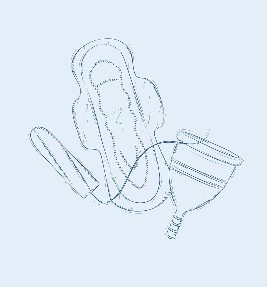 Tampon, women sanitary pad and menstrual cup set drawing on beige background vector