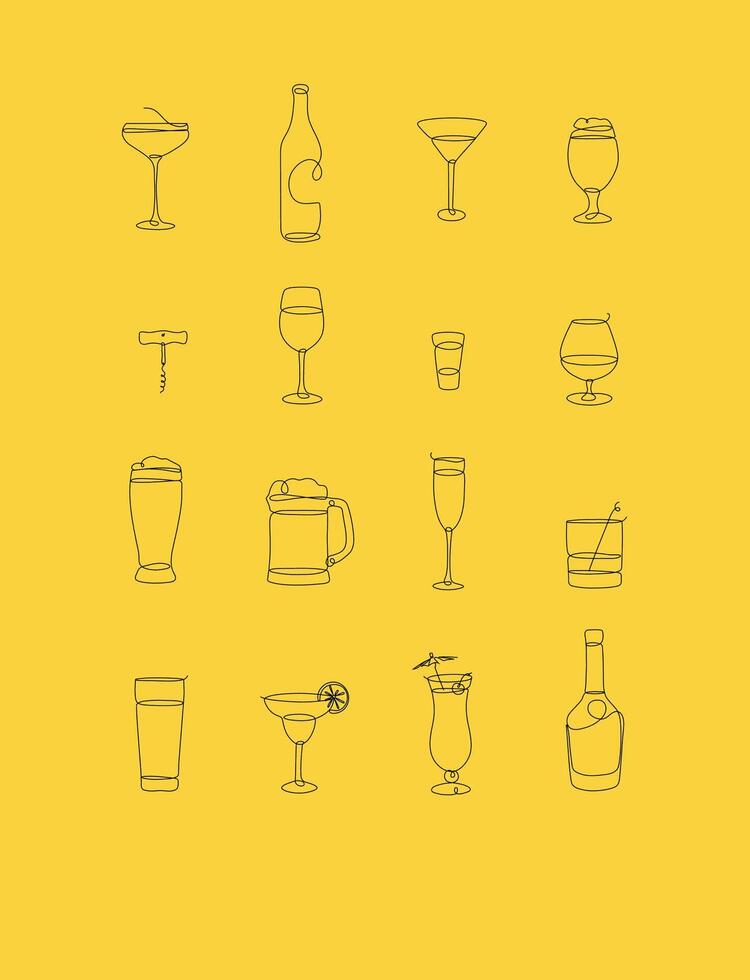 Alcohol icons hand drawing with pen lines on yellow background vector