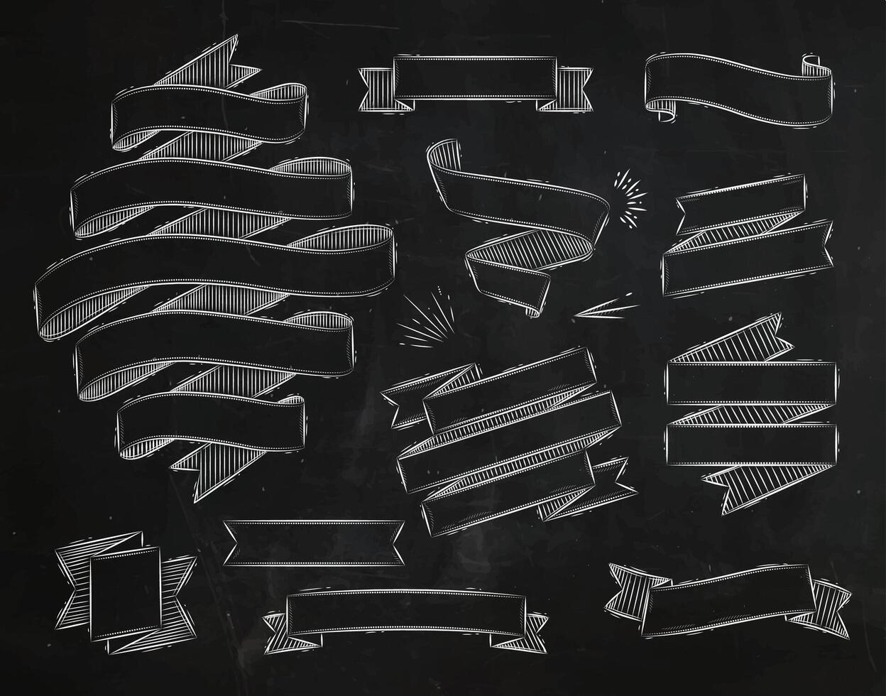 Set ribbons in vintage style stylized drawing with chalk vector