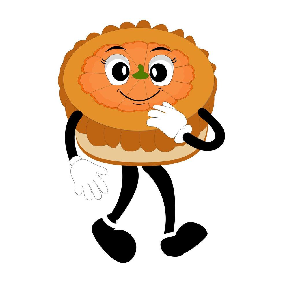 Cute illustration of a pumpkin pie character in the form of a smiling, a round pie with cream topping walking happily. Various expressions, suitable for halloween themed designs. vector