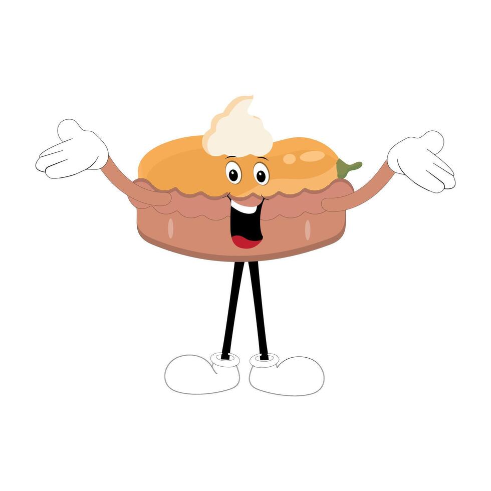Cute mascot pumpkin pie, Halloween Pumpkin Pie Characters. Cartoon Sweets Walking and Smiling. Autumn Holiday Mascot Template. Illustration Cool kawaii happy doodle Isolated, happy mascot vector