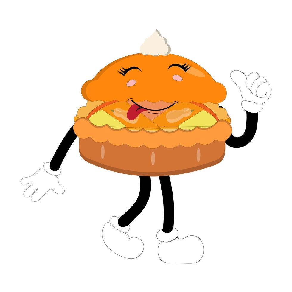Cute illustration of round pie character with cream topping tongue sticking out and hand giving thumbs up happily. A variety of expressions, suitable for Halloween themed designs. vector