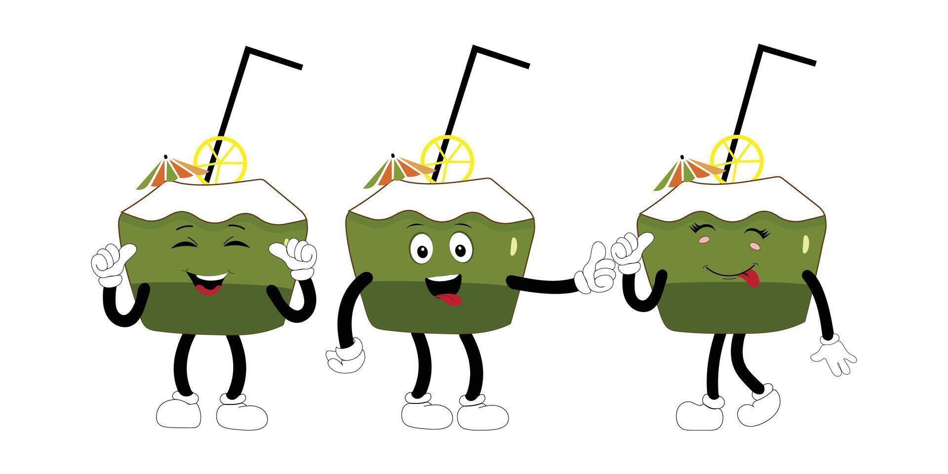 Set of green coconut fruit cartoon character, Mascot poses with smile expression Isolated design Illustration with straw vector