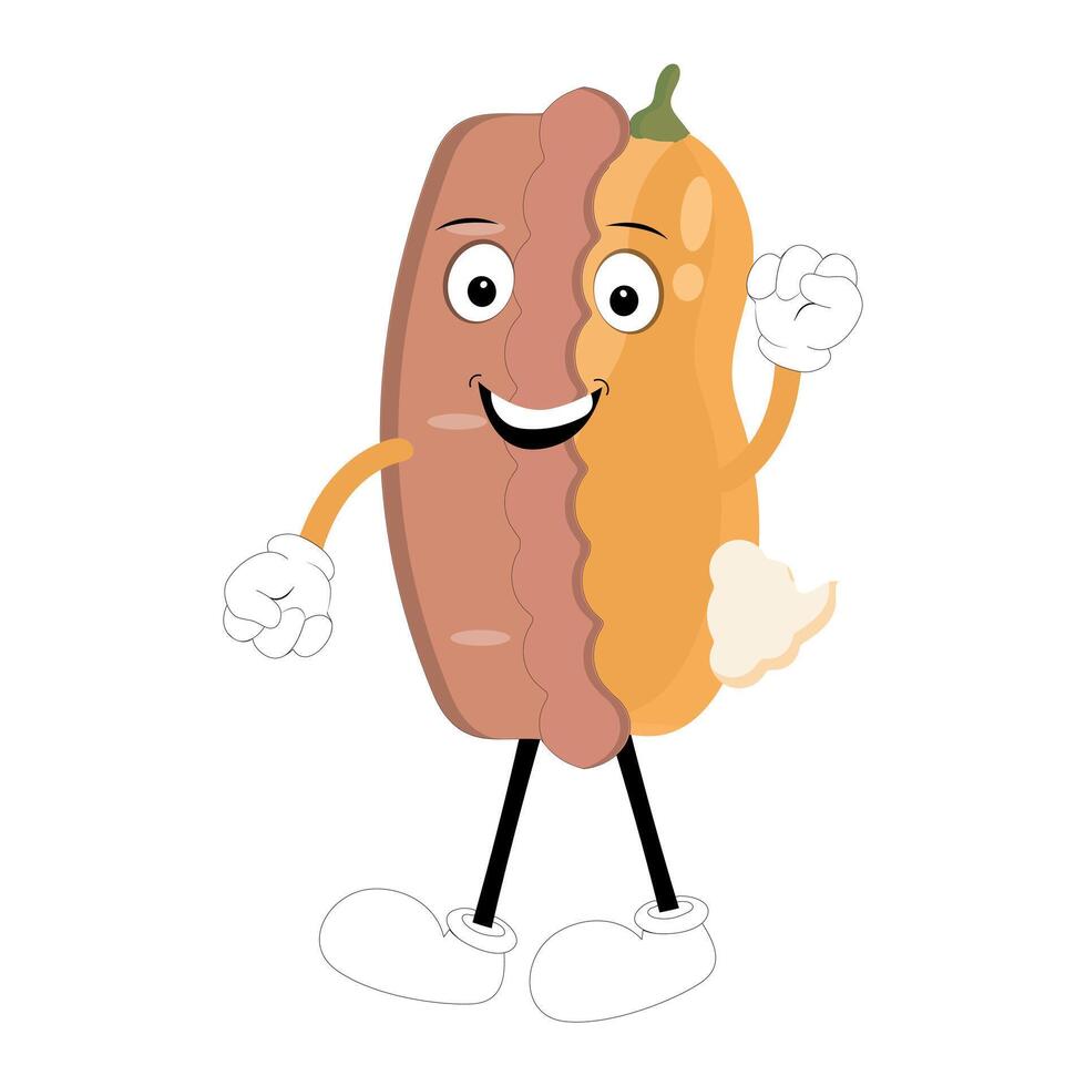 Cute mascot pumpkin pie, Halloween Pumpkin Pie Characters. Cartoon Sweets Walking and Smiling. Autumn Holiday Mascot Template. Illustration Cool kawaii happy doodle Isolated, holding vector