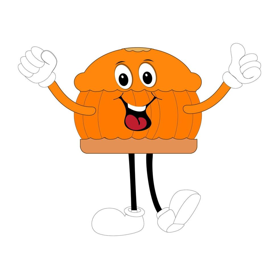 Cute mascot pumpkin pie, Halloween Pumpkin Pie Characters. Cartoon Walking and Smiling. Autumn Holiday Mascot Template. Illustration Cool kawaii happy doodle Isolated, one five vector