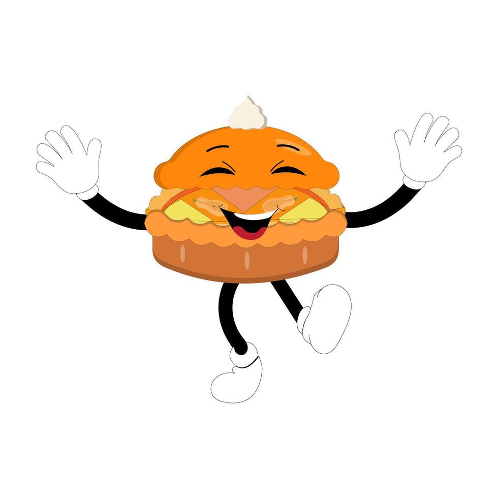 Cute illustration of a pie character in the form of a smiling slice with a raised thumb and a round pie with cream topping waving happily. Various expressions, suitable for halloween themed designs. vector
