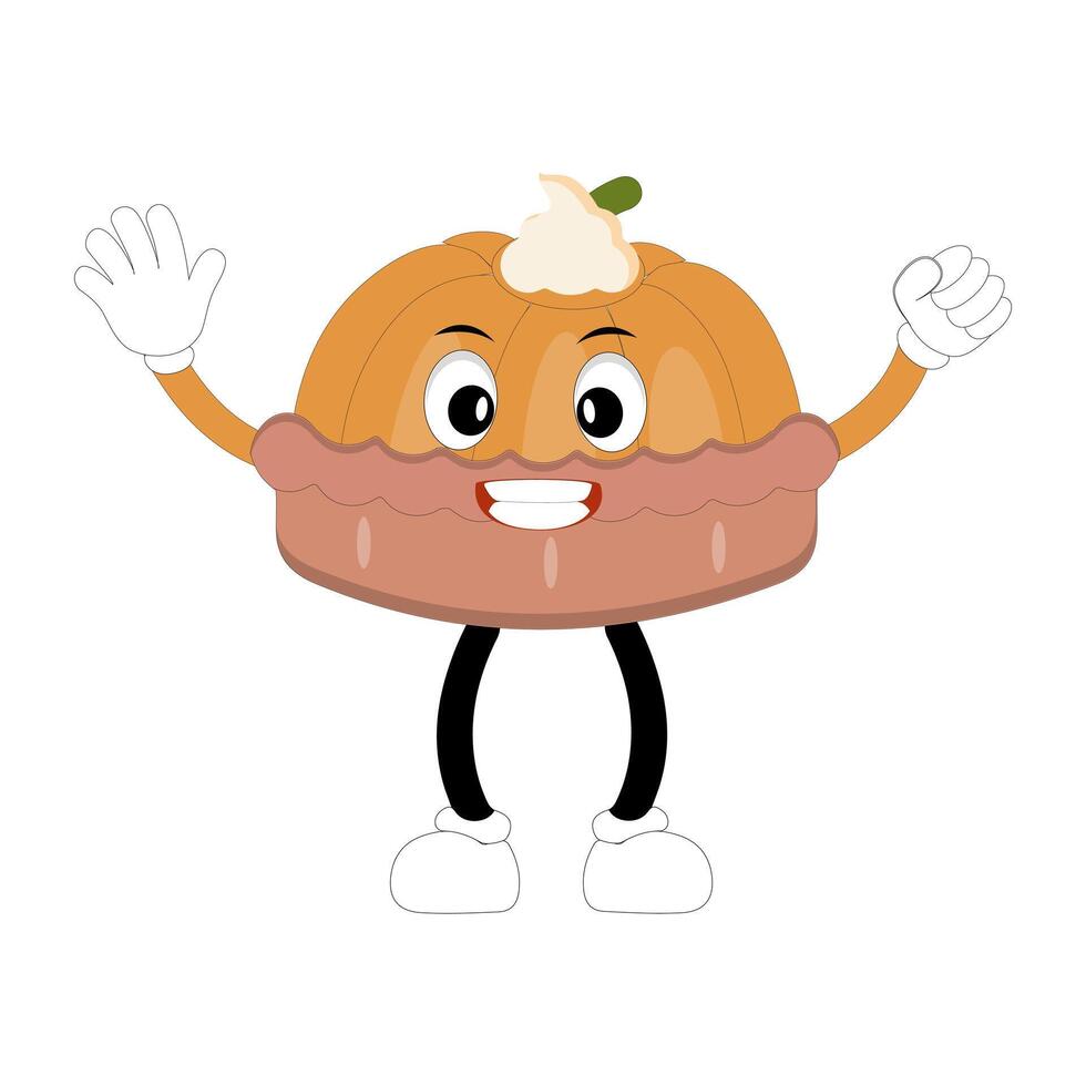 Cute illustration of a pie character in the form of a happy with a hands clenched and a round pie with cream topping waving happily. Various expressions, suitable for halloween themed designs. vector