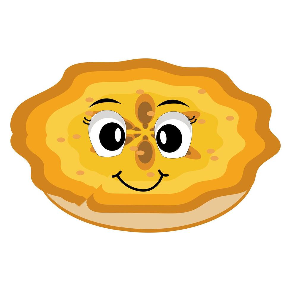 Cute illustration of a pie character in the form of a smiling, a round pie with cream topping waving happily. Various expressions, suitable for halloween themed designs. vector
