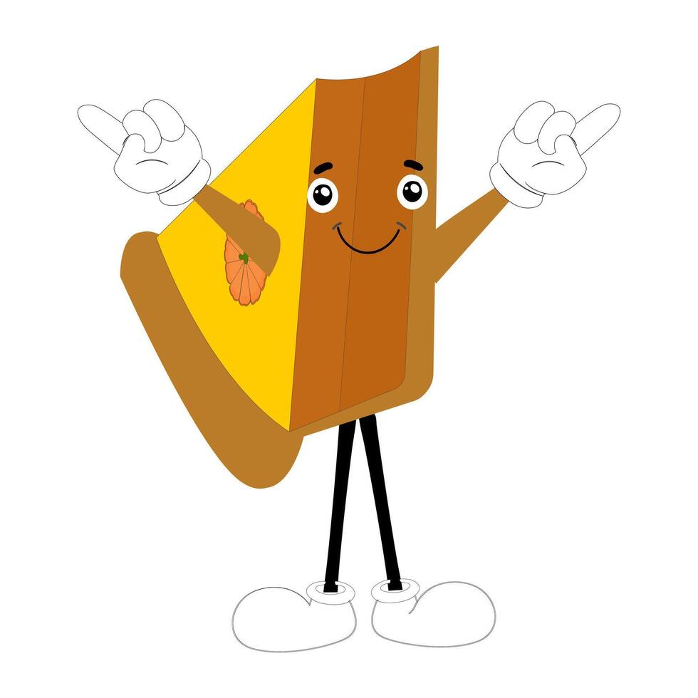 Cute mascot pumpkin pie, Halloween Pumpkin Pie Characters. Autumn Holiday Mascot Template. Illustration Cool kawaii happy doodle Isolated, raise two index fingers vector