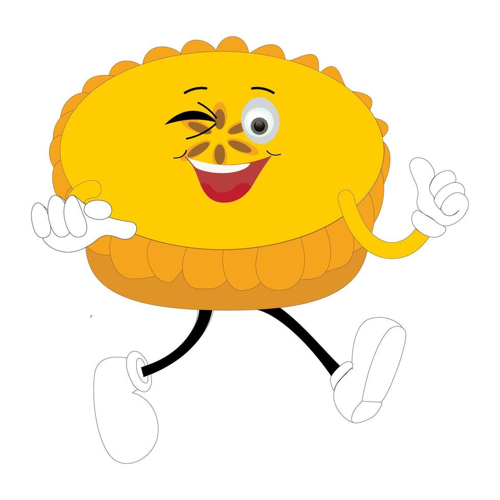 Cute mascot pumpkin pie, Halloween Pumpkin Pie Characters. Autumn Holiday Mascot Template. Illustration Cool kawaii happy doodle Isolated, pointing while walking vector