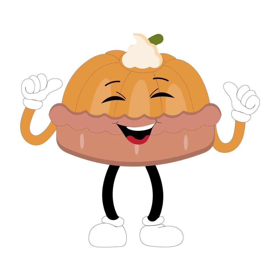 Cute illustration of round pie character with cream topping, hand giving thumbs up happily. A variety of expressions, suitable for Halloween themed designs. vector